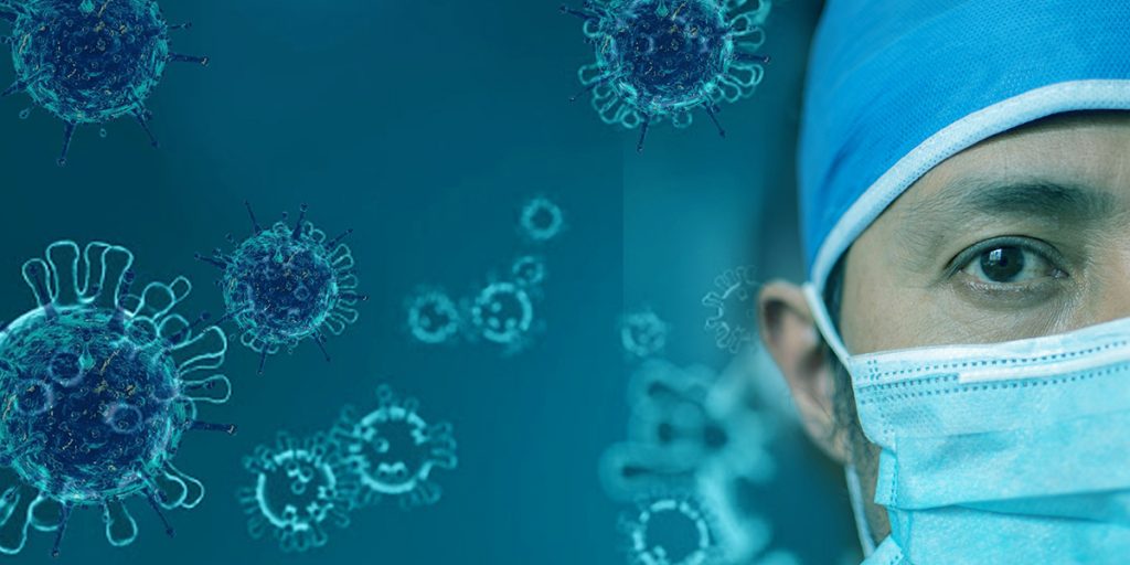 Doctor with blue virus background