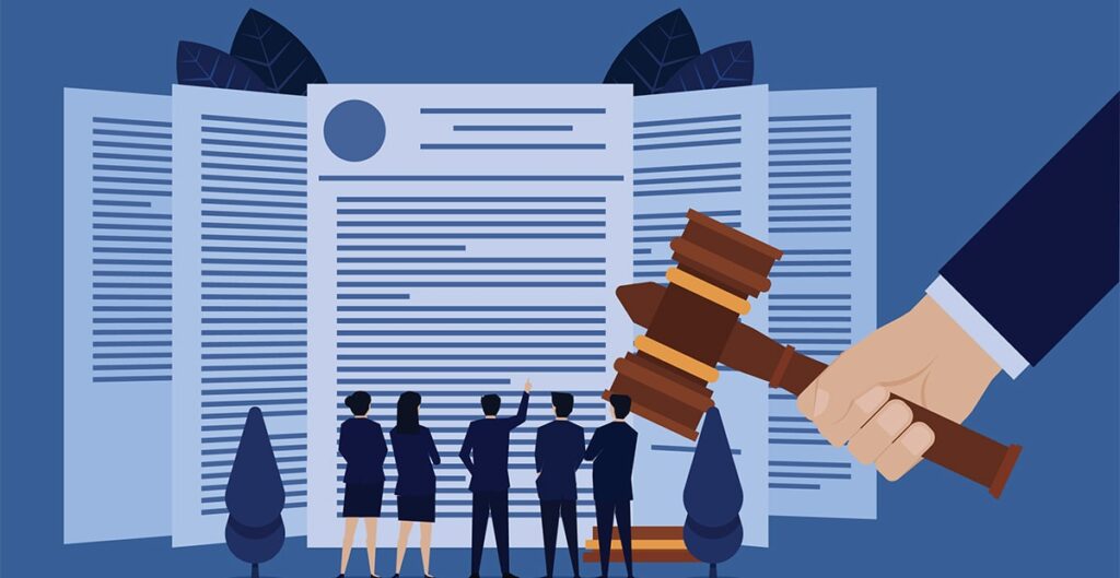 Rendering of a group of legal personnel against a large document